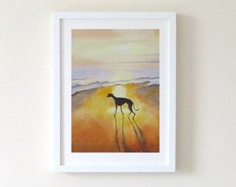 Whippet Illustration Print - Whippet at Sunset - Hundeliebhaber Geschenk - Windhund Bild - A4 Print.