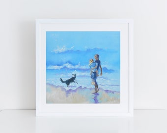 Mother and Child with Dog on the Beach Art Print, Border Collie Print, Family Stroll on the Beach, Border Collie Gift for Family Home Decor