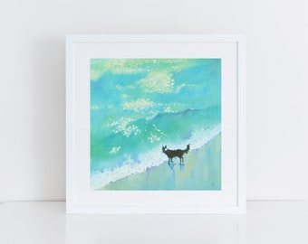 Border Collie Art Print "Aquamarine Sea with Border Collie." Dog Lover Gift. Sizes 8" x 8" .