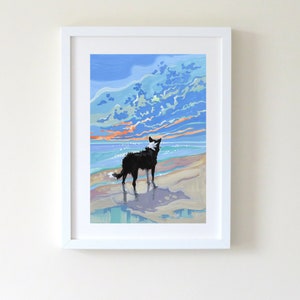 Border Collie Illustration. White Tipped Tail, Art Print. Border Collie on the Beach. A4 or A3