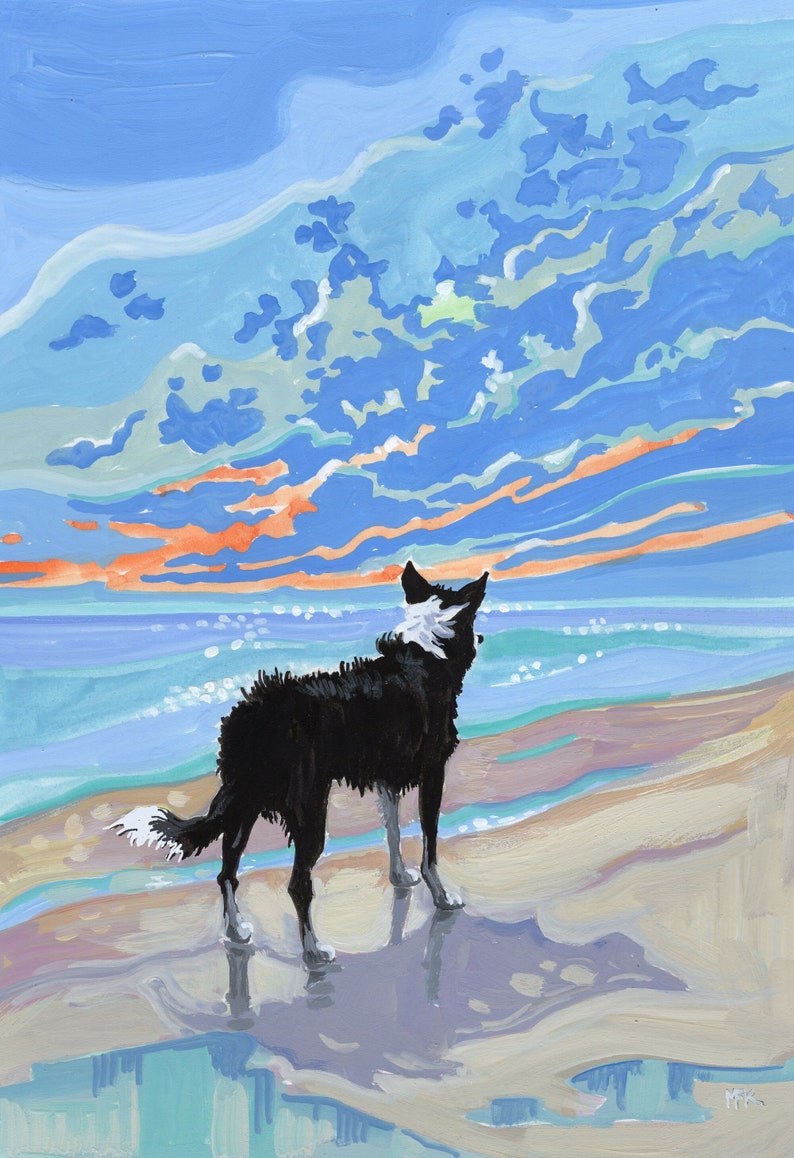 Border Collie Illustration. White Tipped Tail, Art Print. Border Collie on the Beach. A4 or A3 image 2