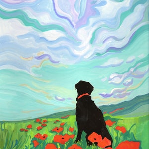 Art Print of Black Labrador in a Field of Poppies Dog Lover Gift Labrador Retriever Illustration. image 2