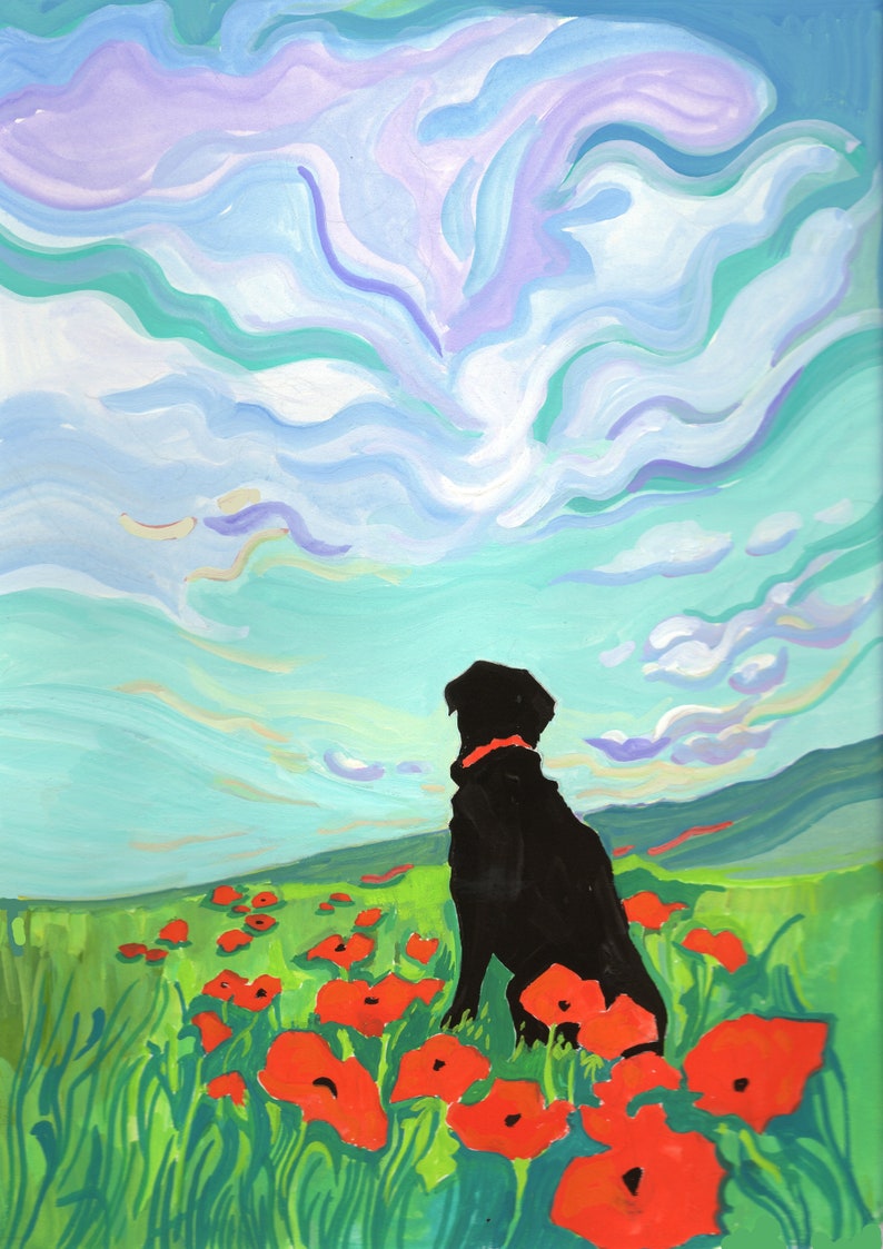 Art Print of Black Labrador in a Field of Poppies Dog Lover Gift Labrador Retriever Illustration. image 2