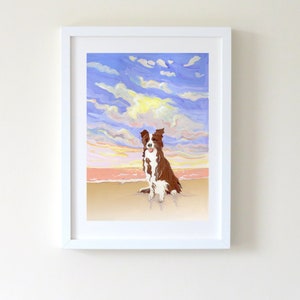 Brown Border Collie Illustration, Border Collie Print. Brown Border Collie on the Beach. A5, A4 or A3