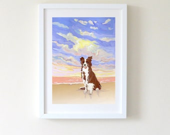 Brown Border Collie Illustration, Border Collie Print. Brown Border Collie on the Beach. A5, A4 or A3