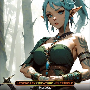 May include: A fantasy card featuring Lathril, Blade of the Elves, a Legendary Elf Noble. The artwork depicts a woman with blue hair and pointed ears, wearing green armor and jewelry. The card includes text describing abilities and stats.