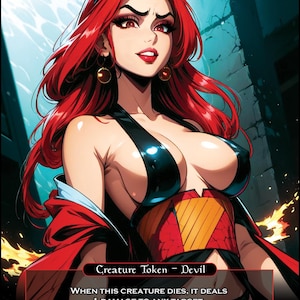May include: A fantasy art card featuring a devilish character with red hair, horns, and a black outfit. The card is labeled "DEVIL" and includes text about dealing damage. The card is marked 1/1.