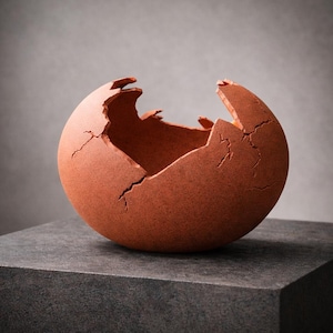 May include: A terracotta-colored, spherical ceramic sculpture with a cracked, open design. The sphere sits on a dark gray, rectangular pedestal against a neutral gray backdrop. The broken edges reveal the interior.