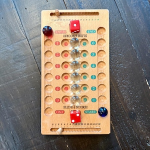 Handmade Wooden Strategy Board Game | Slide n Score | Wood Board with Marbles & Dice image 4
