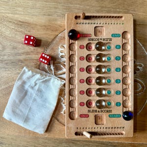 Handmade Wooden Strategy Board Game | Slide n Score | Wood Board with Marbles & Dice image 2