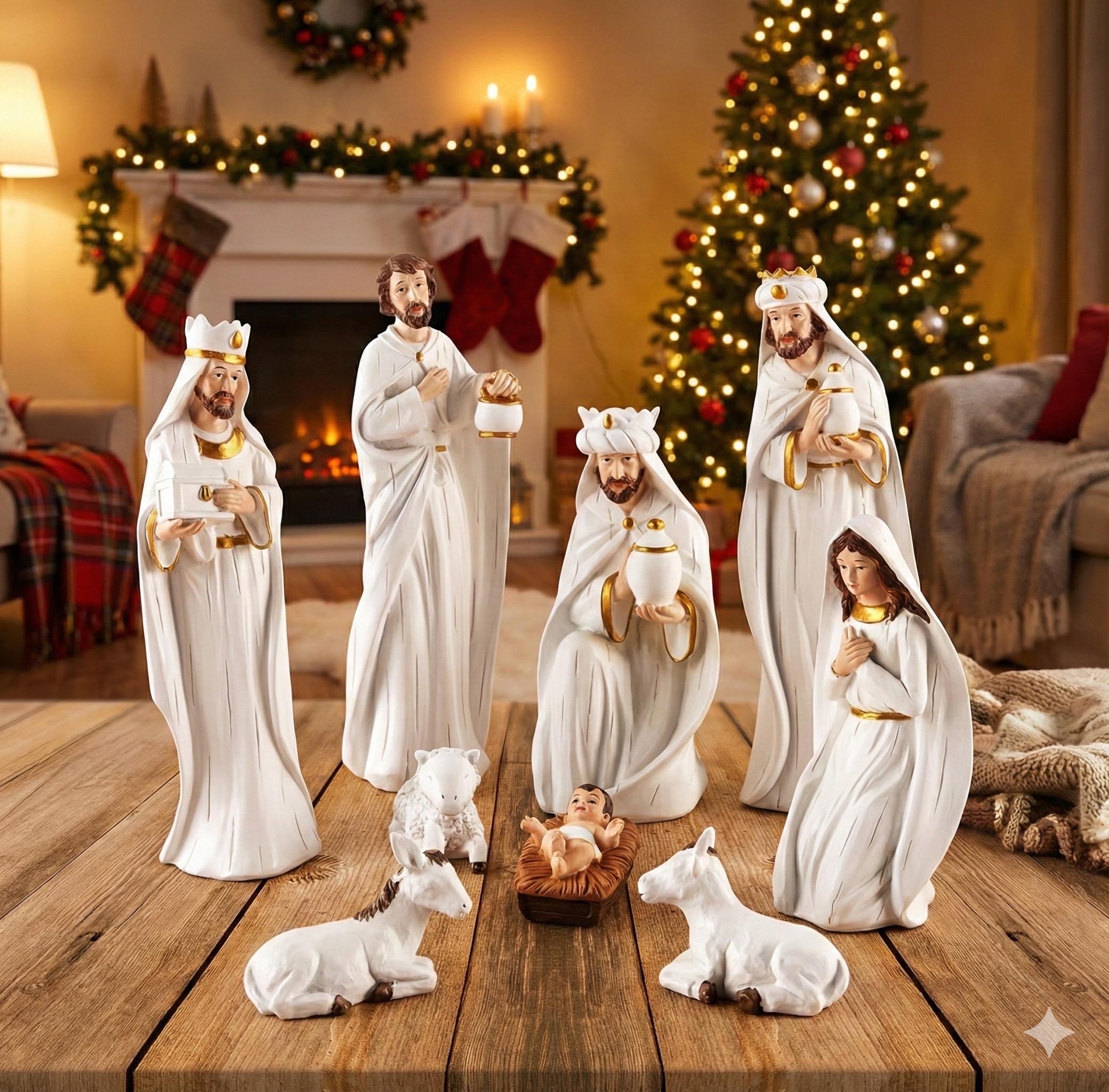 Crèche De Noël Traditionnelle 10 Pièces - Étable Et Personnages En Résine, Décorations De Fêtes Lumineuses