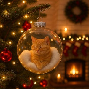 Könnte beinhalten: Eine transparente Glaskugel mit silberner Kappe, die an einem Ast hängt. Im Inneren ruht eine schlafende orangefarbene Tabbykatze auf einem Bett aus weißem Flaum. Rote Kugeln und Weihnachtsbeleuchtung sind zu sehen.