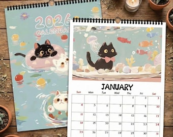 Cute 2026 Cat Calendar, Whimsical Anime Art Wall Decor