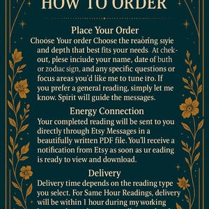 May include: A teal-colored graphic with gold accents and text that reads "HOW TO ORDER." It provides instructions for placing an order, energy connection, and delivery details. Floral and celestial designs frame the text.