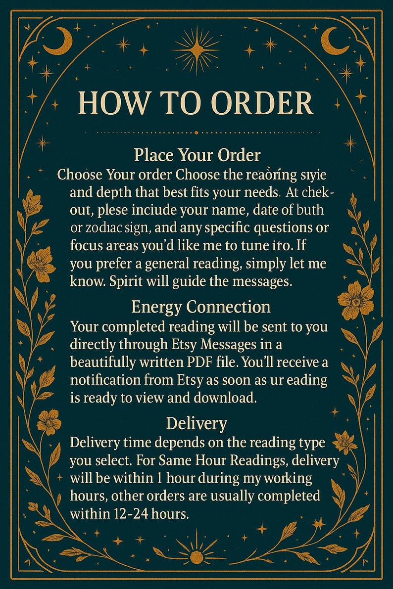 May include: A teal-colored graphic with gold accents and text that reads "HOW TO ORDER." It provides instructions for placing an order, energy connection, and delivery details. Floral and celestial designs frame the text.