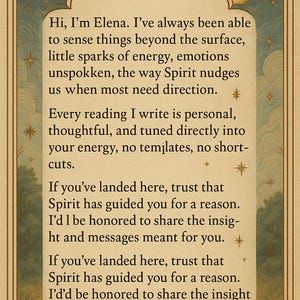 May include: A beige card with the text "About Me" in a curved banner. The card has a decorative border and includes text about Elena's ability to sense energy and offer personal readings. The card is adorned with star and crescent moon illustrations.