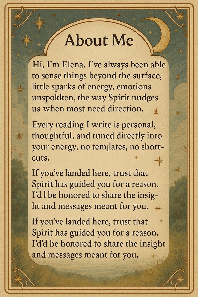 May include: A beige card with the text "About Me" in a curved banner. The card has a decorative border and includes text about Elena's ability to sense energy and offer personal readings. The card is adorned with star and crescent moon illustrations.