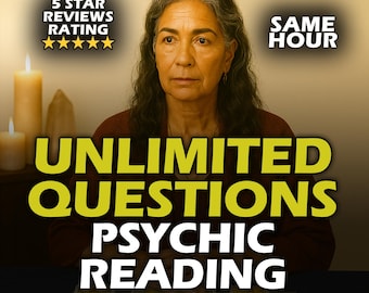 Puede incluir: Imagen de una mujer con cabello largo y gris, centrada contra un fondo degradado. El texto incluye "UNLIMITED QUESTIONS PSYCHIC READING" y "10000+ CHARACTERS". Texto adicional: "5 STAR REVIEWS RATING" y "SAME HOUR".