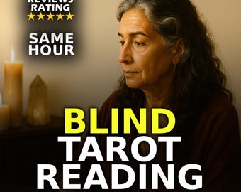 May include: Image features a woman with gray hair, looking thoughtful. Text overlay reads "BLIND TAROT READING" in yellow, with "10000+ CHARACTERS" below. A "5 STAR REVIEWS RATING" and "SAME HOUR" are also displayed.