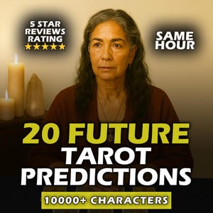 May include: An image featuring a woman with long, wavy gray hair, centered in the frame. The text overlay reads "20 FUTURE TAROT PREDICTIONS" in large yellow letters. Additional text includes "5 STAR REVIEWS RATING" and "SAME HOUR".