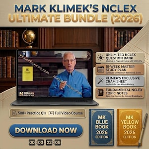 May include: An advertisement for Mark Klimek's NCLEX Ultimate Bundle (2026). The image features a laptop displaying a video of a man, along with a blue book, a yellow book, and a pen. Text includes "Download Now" and details about the bundle.