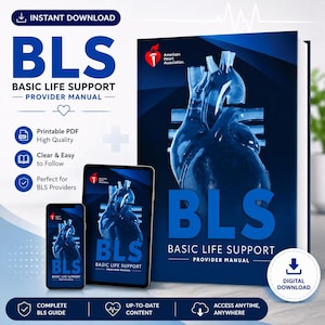 Könnte beinhalten: Digitaler Download-Grafik mit dem Text "BLS Basic Life Support Provider Manual". Das Bild zeigt ein Buch, ein Tablet und ein Telefon, die alle denselben Titel und eine Herzillustration anzeigen. Das Logo der American Heart Association ist sichtbar.