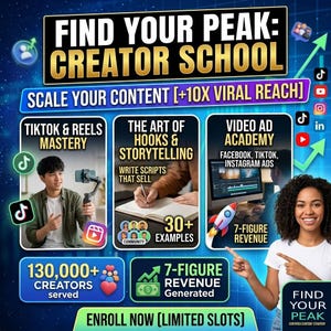 May include: Promotional graphic for a creator school, featuring text "Find Your Peak: Creator School" and "Scale Your Content". Includes images of social media icons, a person filming with a phone, and a person writing. Mentions TikTok, Reels, and video ads.