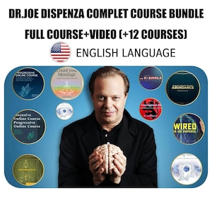 以下が含まれることがあります： Dr. Joe Dispenzaのコースバンドルの画像。男性が脳の模型を持ち、周囲に円形のコースタイトルが配置されています。「DR.JOE DISPENZA COMPLET COURSE BUNDLE」と「FULL COURSE+VIDEO (+12 COURSES)」というテキストが含まれています。
