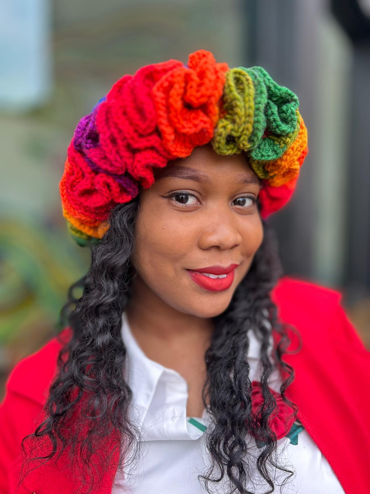Autumn Rainbow Handcrafted Acrylic Crochet Ruffle Hat OS Rainbow Crochet Ruffle Hat, Crochet Bucket Hat, Gift for Her  main image 4