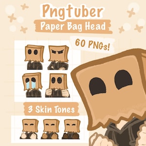Può includere: Illustrazione digitale di un personaggio con la testa a sacchetto di carta, che esprime varie emozioni. L'immagine include il testo "Pngtuber Paper Bag Head", "60 PNGs!" e "3 Skin Tones". Il personaggio indossa una felpa con cappuccio nera.