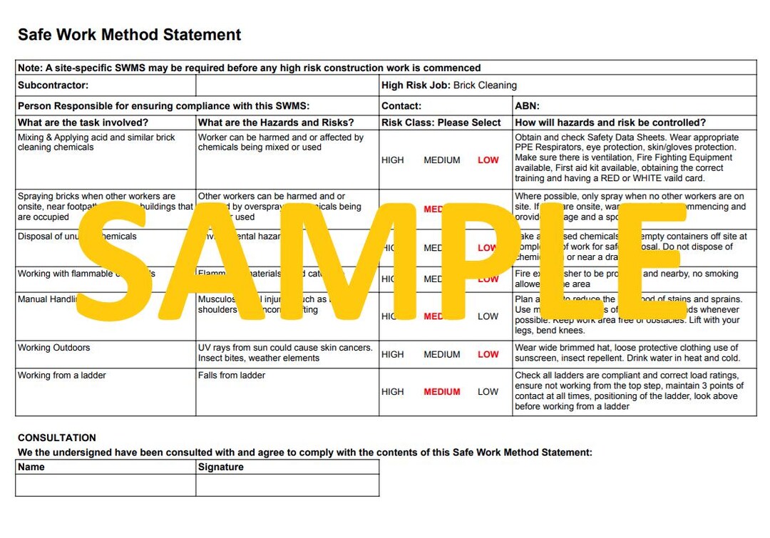 Swms Cleaning Brick Cleaning SWMS Pre Filled Template - Etsy