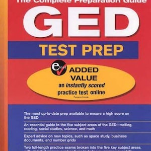 May include: A book cover for "The Complete Preparation Guide GED Test Prep." The cover is primarily red with white text that reads "GED" and "TEST PREP." An oval graphic states "ADDED VALUE" and "an instantly scored practice test online."