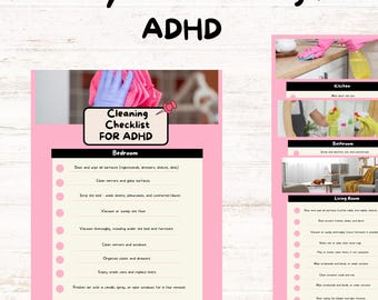 May include: A pink cleaning checklist for ADHD, featuring room-by-room cleaning tasks. The checklist includes sections for the bedroom, kitchen, bathroom, and living room, with corresponding images. The text "Cleaning Checklist FOR ADHD" is displayed prominently.
