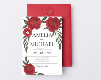Elegant Red Floral Wedding Invitation | Romantic Printable Invitation Template for Couples | Editable Digital Invite