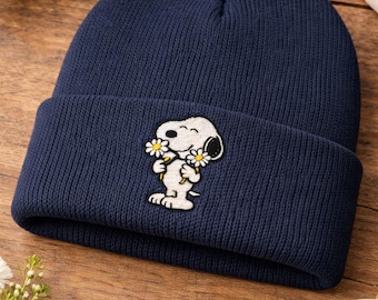 Snoopy Holding Daisies Beanie | Embroidered Knit Beanie