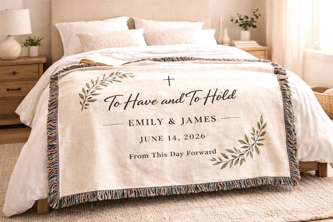 Custom Wedding Gift Woven Blanket Personalized Throw for Couple Names & Date Christian Bridal Shower Present Keepsake