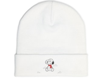 Snoopy Embroidered Knit Beanie | Red Scarf Cuffed Hat