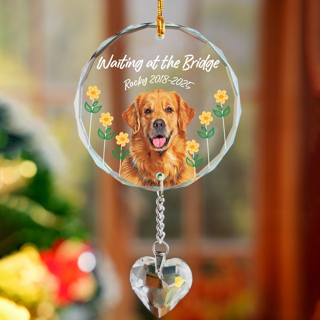 Pet Memorial Glass Ornament With Crystal Charm, Personalized Dog Photo ...