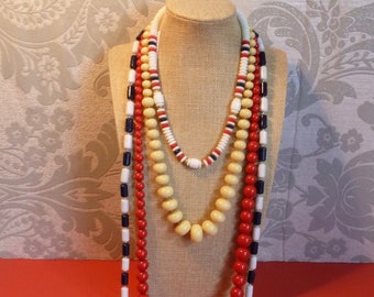 Selection of 4 1960s Mod Beaded Necklaces, Red, White, Blue, Cream, Choice of Knotted & Strung Bead Necklaces, Mod, Jazzy Necklaces