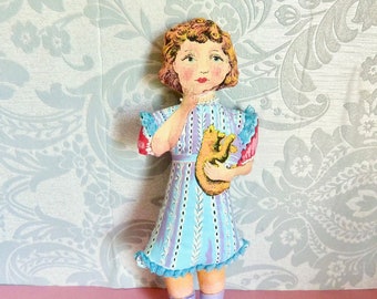 Sweet Victorian Style Soft Girl Doll, Vintage Bethnal Green Museum Doll Kit, Handmade and Embellished Soft Toy Doll with Blue Dress