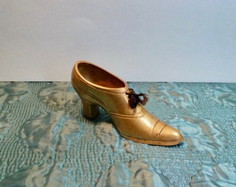 Vintage Pure Brass Edwardian Shoe Paperweight, Retro Brass Shoe Trinket Container, Brass Shoe Ornament, Collectible Brass Objet D'art