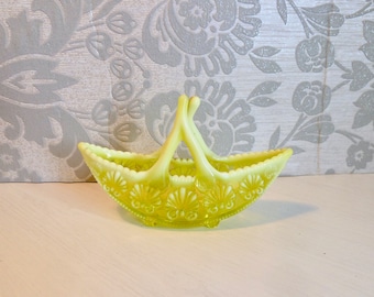 Beautiful Victorian Yellow Uranium Glass Posy Basket by Davidsons, War of the Roses, 1890s, Antique Moulded Frosted Opaline Glass Spill Vase