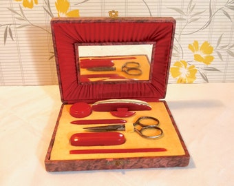 Vintage Manicure Set, Early Plastic Manicure Utensils, Tools, Collectible Vanity Set, Vintage Nail Tools Box, Nail Care Small Case