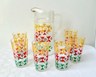 1970's Reims France, Glass Jug and 6 Tumblers, Classic Lemonade Pitcher & Glasses, Orange Juice, Sangria, Aztec Motif Complete Drinks Set