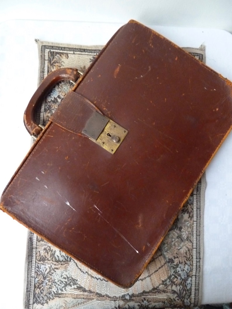 Classic Old Leather Briefcase, Vintage Document Case, Post Wartime