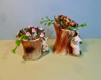 2 Vintage Fauna Cream Jugs, Hornsea Fauna Bunny Mould A5 & Eastgate Puppy Tree Stump Creamers, Woodland Themed Pottery,  Sold Separately