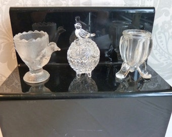 Selection of 3 Vintage Clear Glass Receptacles: Glass Eggcup, Glass Bird Pot, Glass Toothpick Holder, Spill Vase, Glass Tableware Decor