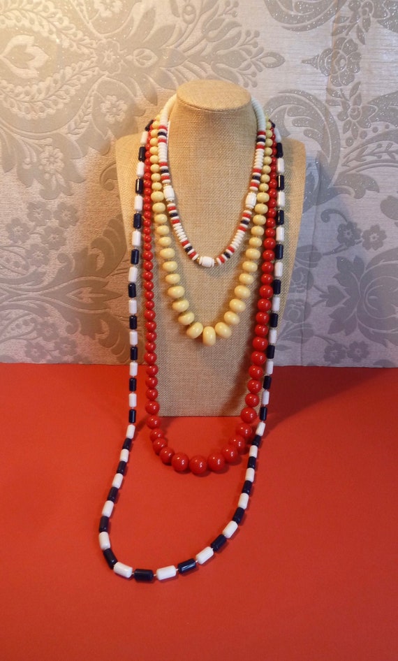 Selection of 4 1960s Mod Beaded Necklaces, Red, Wh
