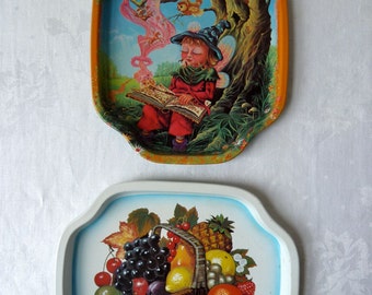 1970's Illustrated, Fruit Basket & Wizard Metal Mini Serving Trays, 1 of 2 Vintage Drinks Trays, Caravan, Camping, Garden Bar/Drink Ware