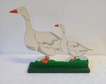 Lovely Vintage IKEA Wooden Stand Up Hand Painted Pair of Farm Geese on a Stand, Retro Decorative PlayTime Figure, Pre Barcode IKEA